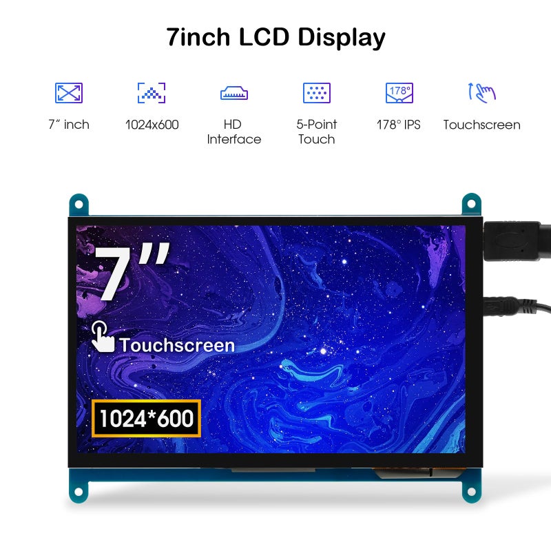 ELECROW 7 Inch 1024Ã—600 Touchscreen for Raspberry Pi: IPS Capacitive Touch Screen LCD Display, Mini Portable Monitor Compatible with Raspberry Pi 5/4/3 BB Black Banana Pi Windows 11/10/8/7 Driver Free - Image 2